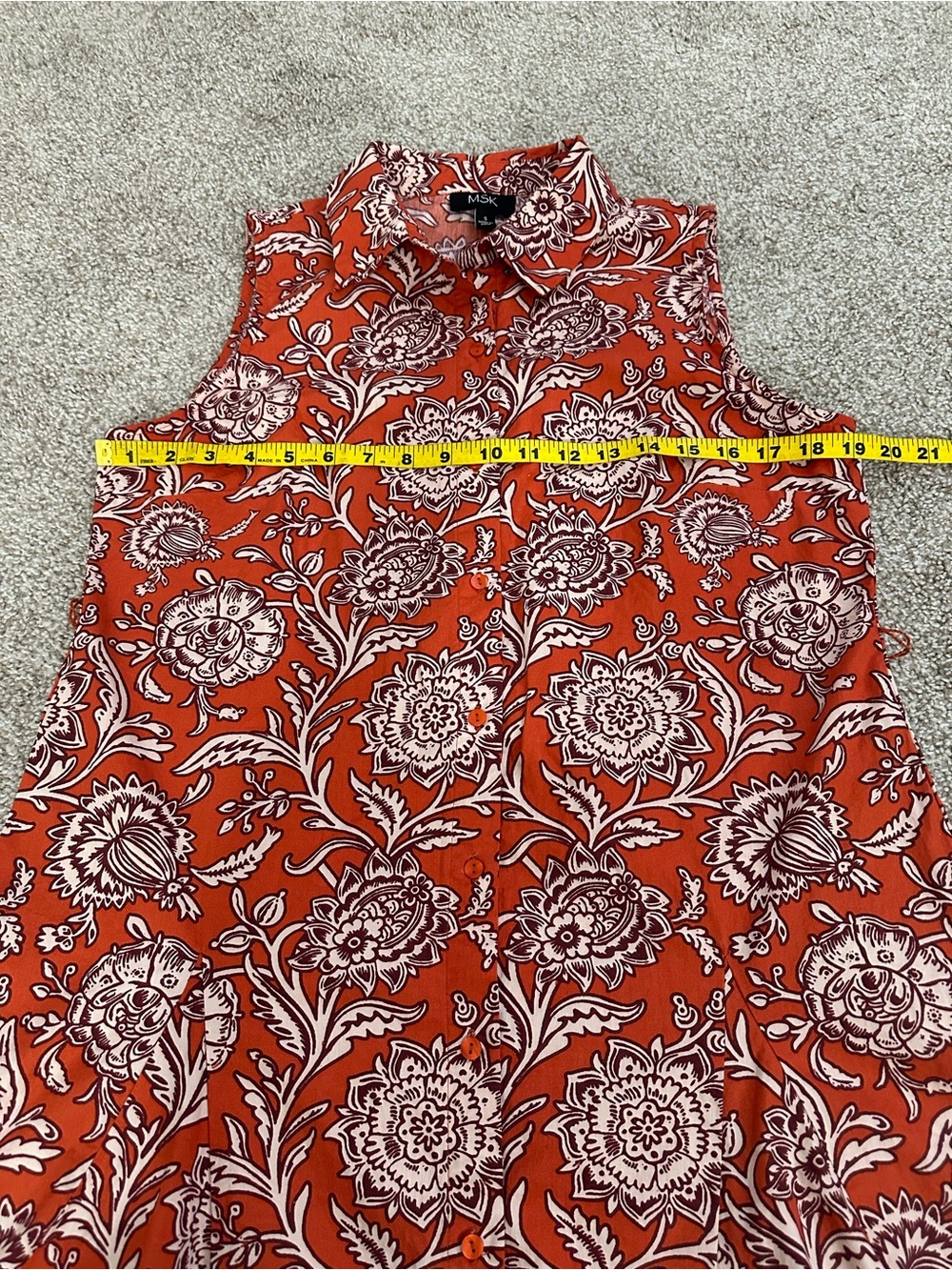 MSK Red White Floral 100% Cotton Shirt Dress Tie Belt Button Front - Picture 2 of 7